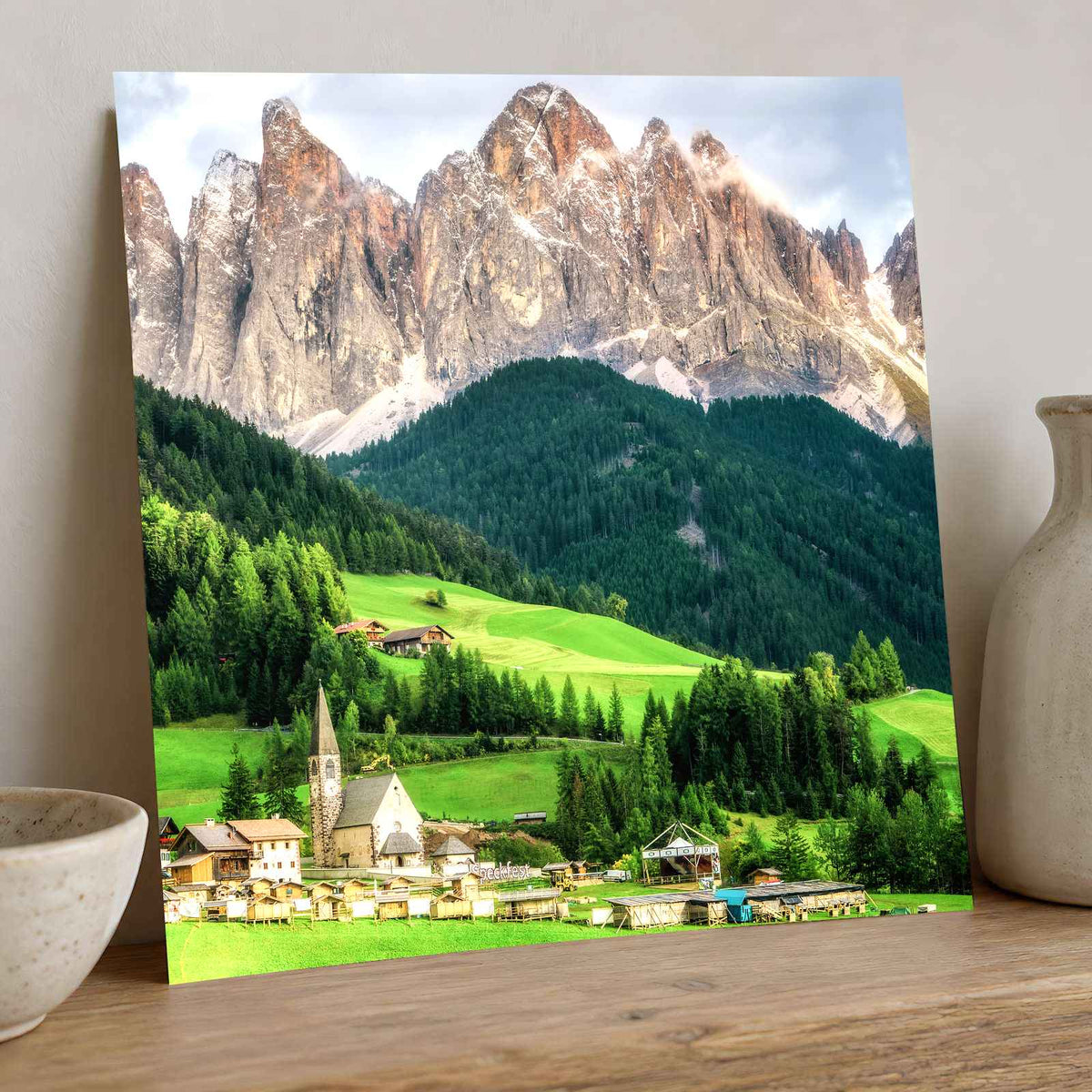 Village under Jagged Peaks in Dolomites Photo Print Wall Decor