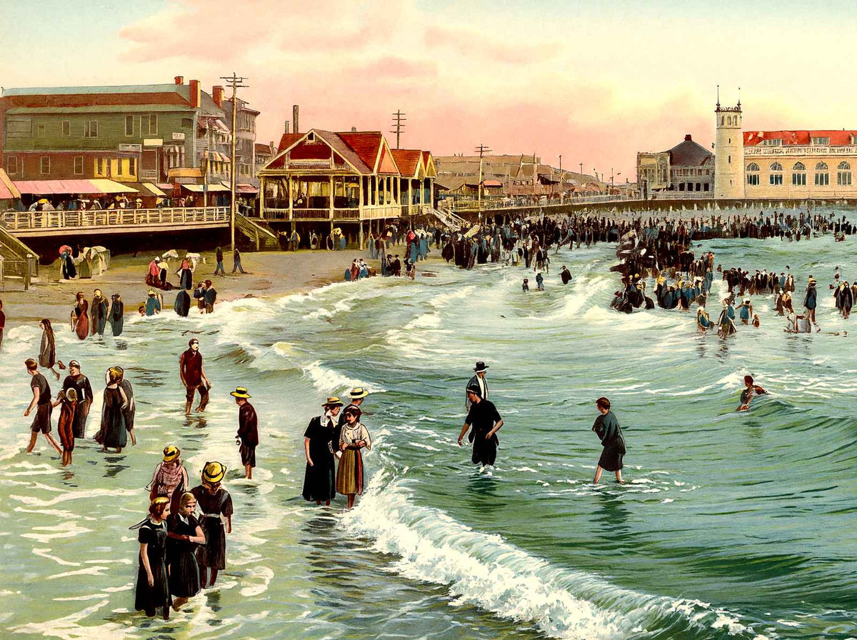 Boardwalk and Beach, Atlantic City, NJ vintage print