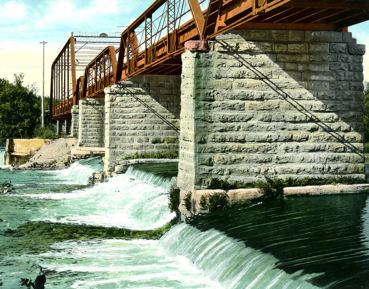 Wagon Road Bridge & Dam, Janesville, WI 1907 vintage print