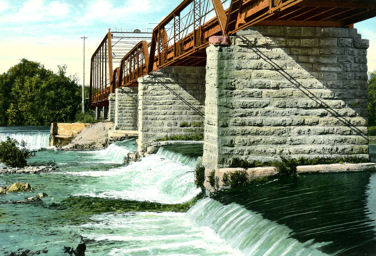Wagon Road Bridge & Dam, Janesville, WI 1907 vintage print