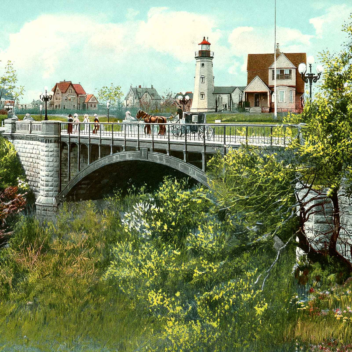 Lighthouse & Bridge, Lake Park, Milwaukee vintage print