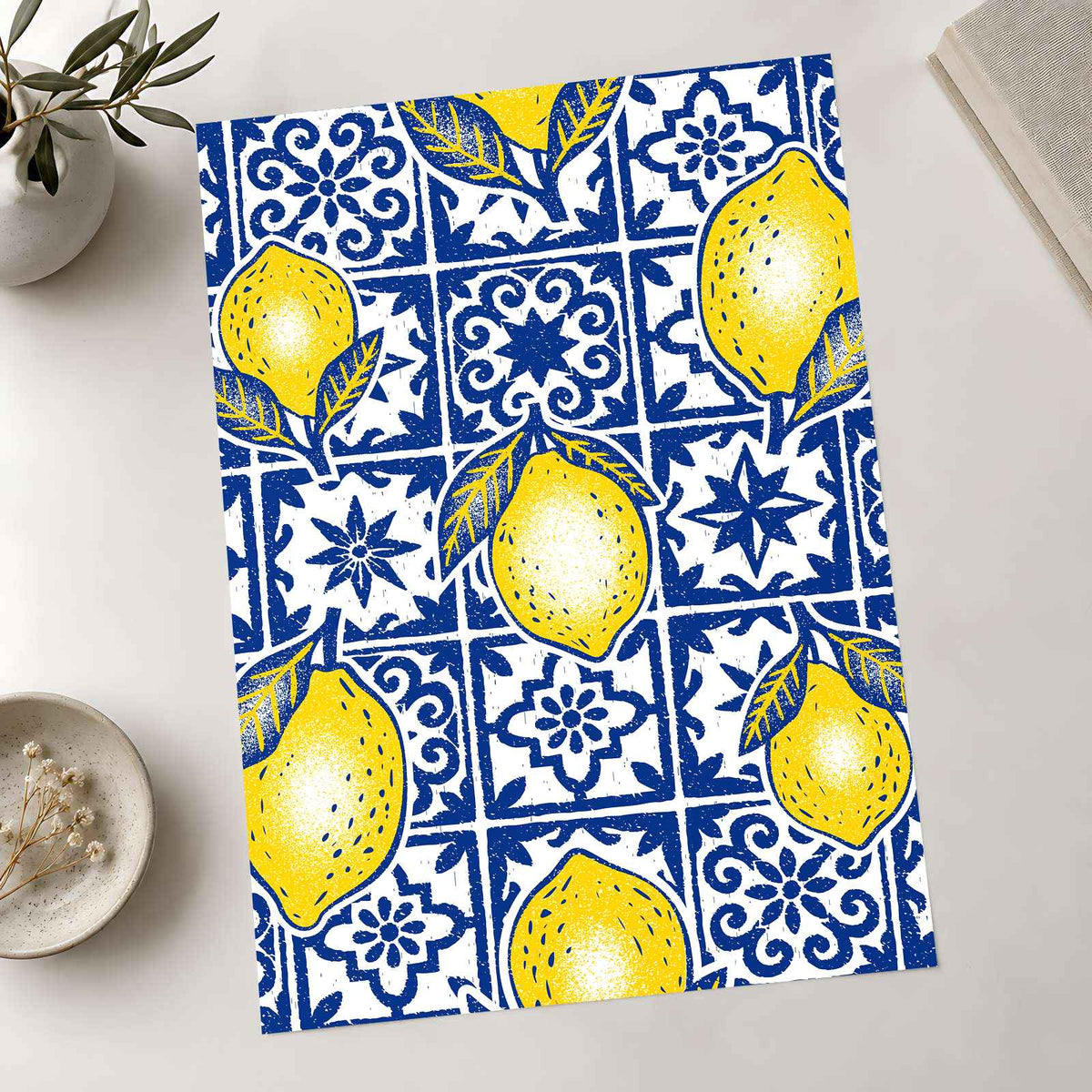 Pattern of Yellow Lemons Blue and White Tiles by Rino Luna Art Print Wall Decor