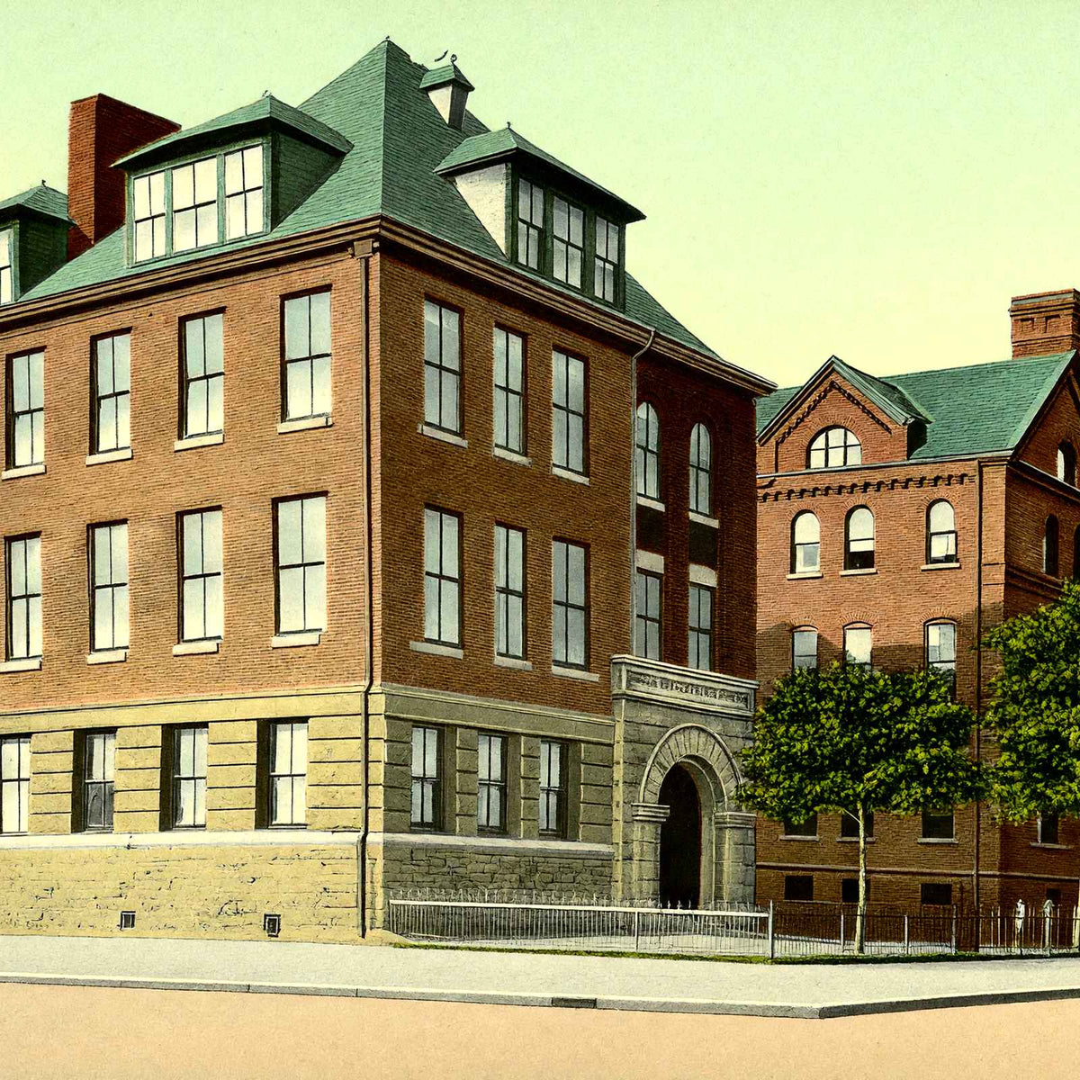 High School, Wilkes Barre PA in 1907 vintage print