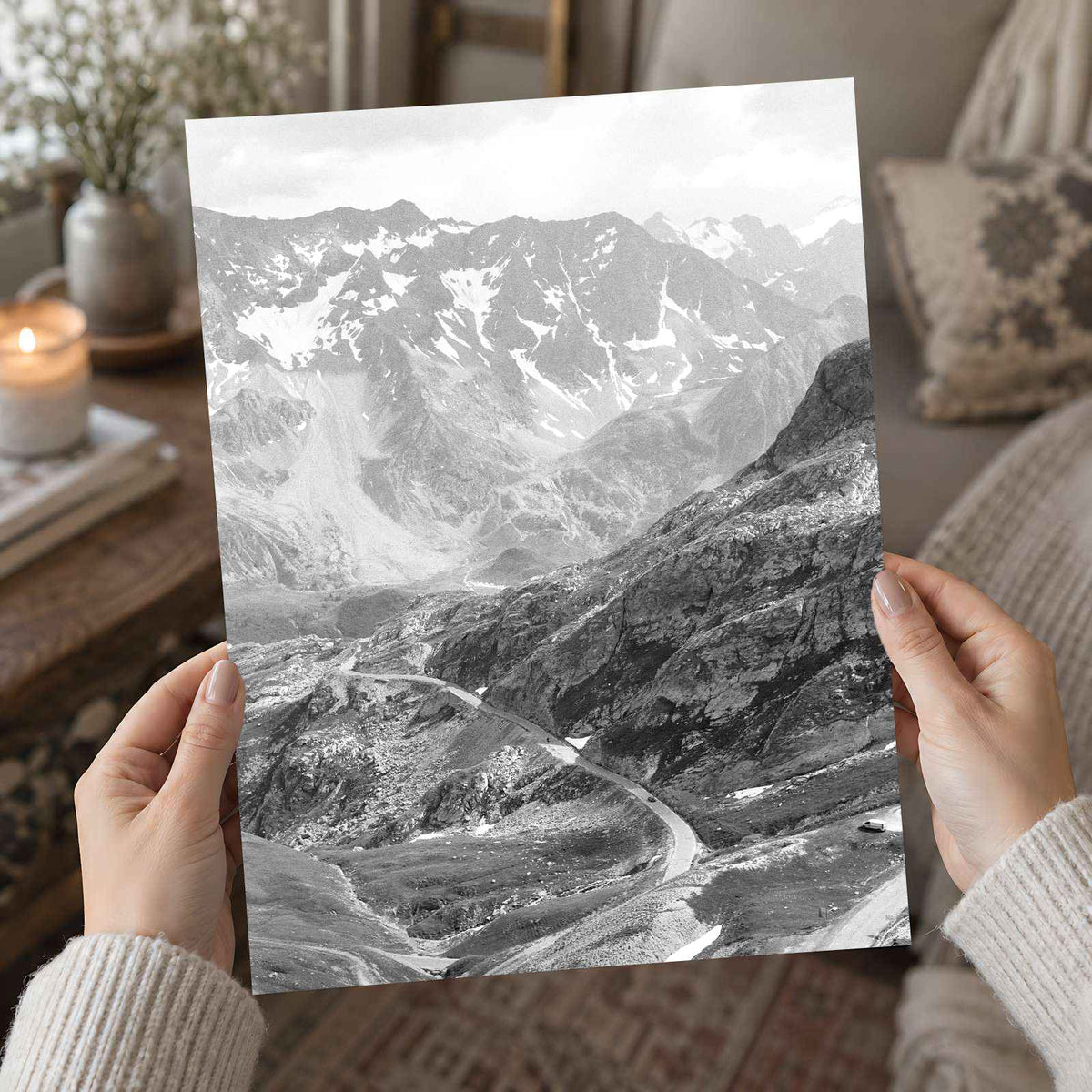 French Alps with Road, Black and White by Annie Spratt Photo Print Wall Decor