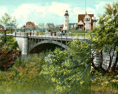 Lighthouse & Bridge, Lake Park, Milwaukee vintage print