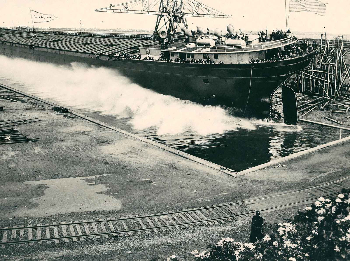 Freighter Launch at Superior WI Ship Yards vintage print