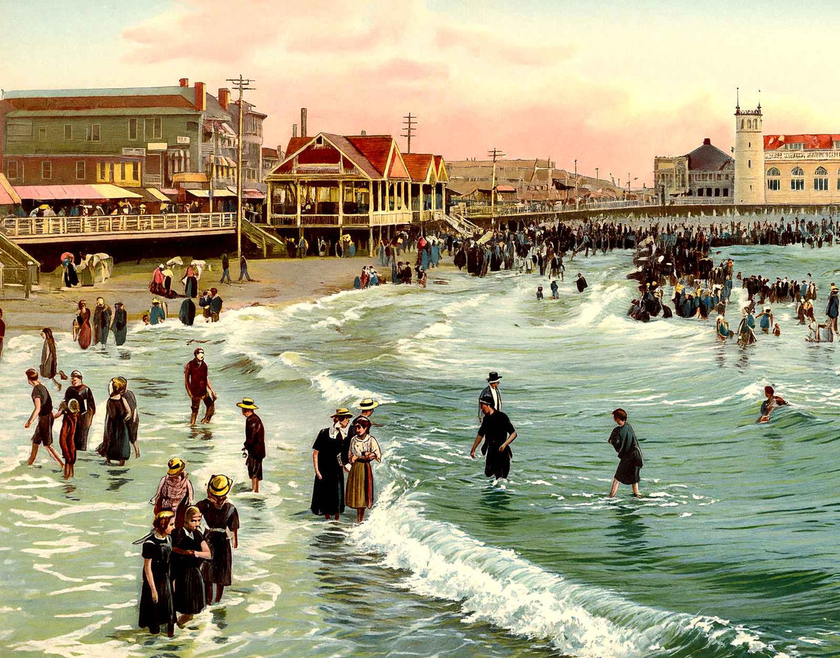 Boardwalk and Beach, Atlantic City, NJ vintage print