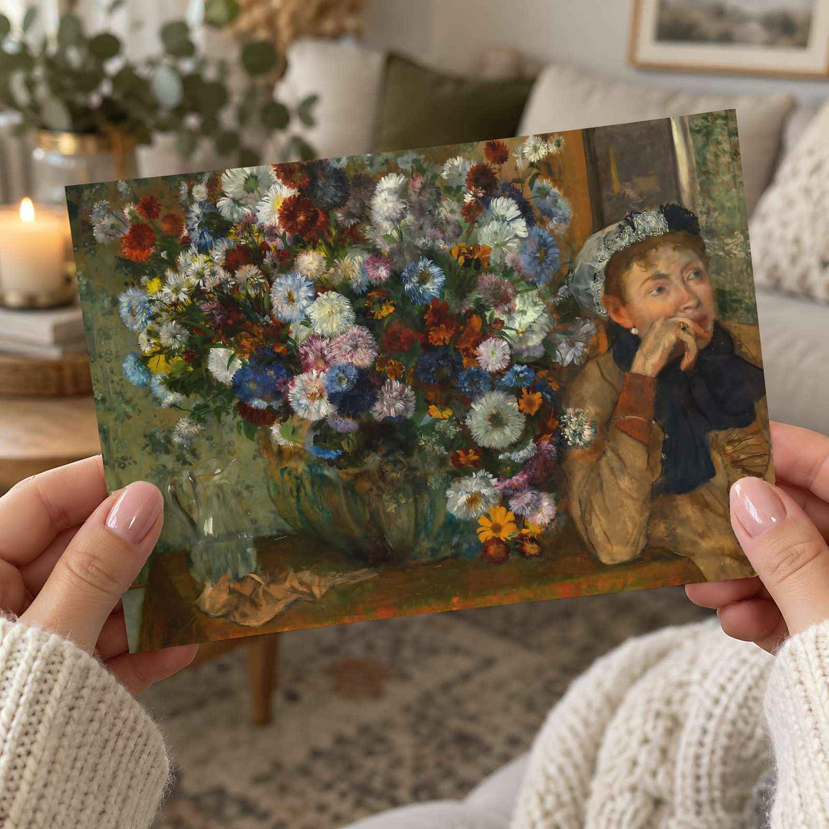 A Woman Seated Beside a Vase of Flowers fine art print by Edgar Degas (1865)