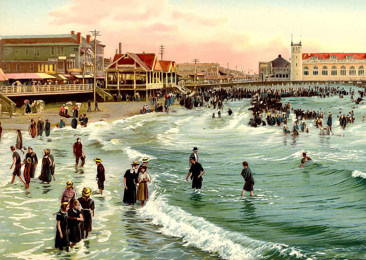 Boardwalk and Beach, Atlantic City, NJ vintage print