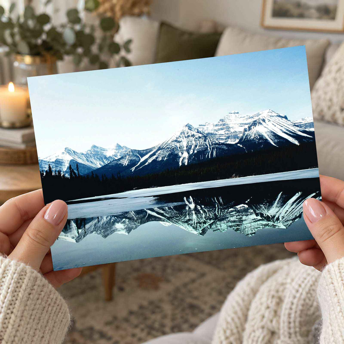 Snowy Mountain Range Reflected in Lake Photo Print Wall Decor