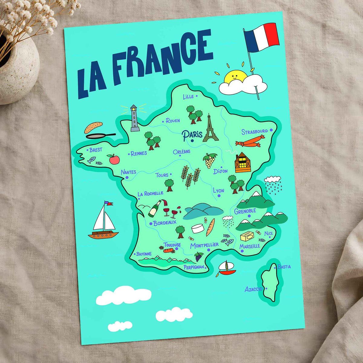 Happy Map of France by Lal Smile Art Print Wall Decor