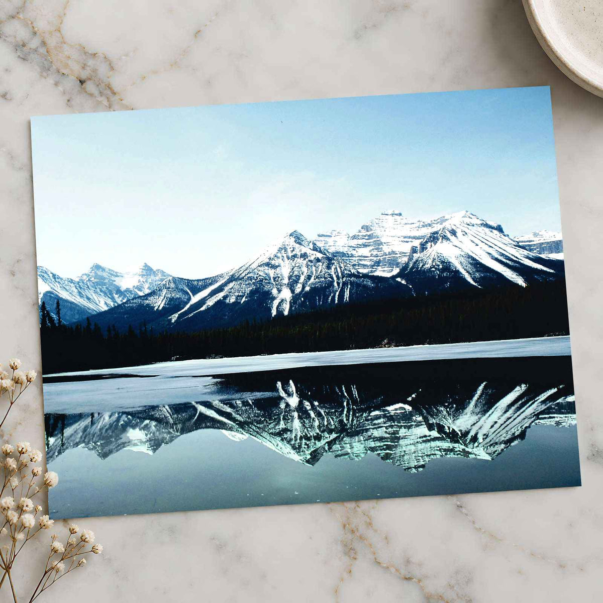 Snowy Mountain Range Reflected in Lake Photo Print Wall Decor