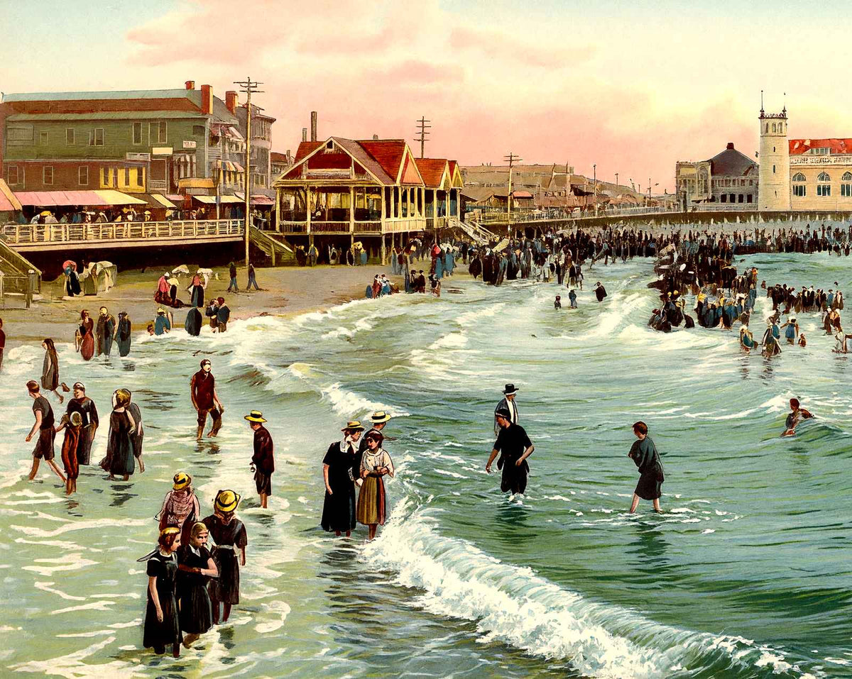Boardwalk and Beach, Atlantic City, NJ vintage print