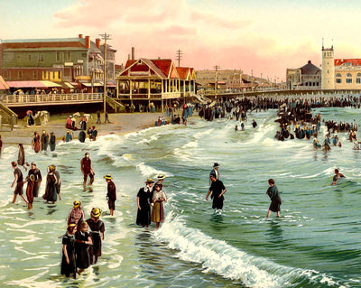 Boardwalk and Beach, Atlantic City, NJ vintage print