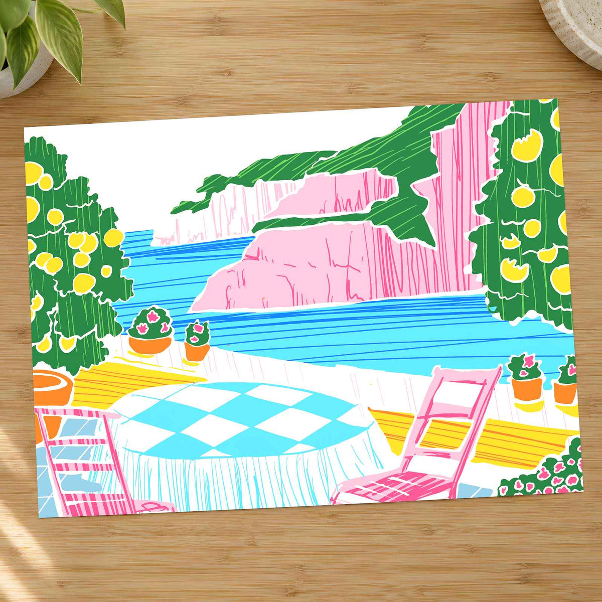Patio Overlooking Ocean with Pink Cliffs by Ardian Pranomo Art Print Wall Decor