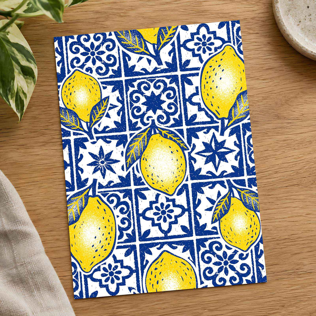Pattern of Yellow Lemons Blue and White Tiles by Rino Luna Art Print Wall Decor