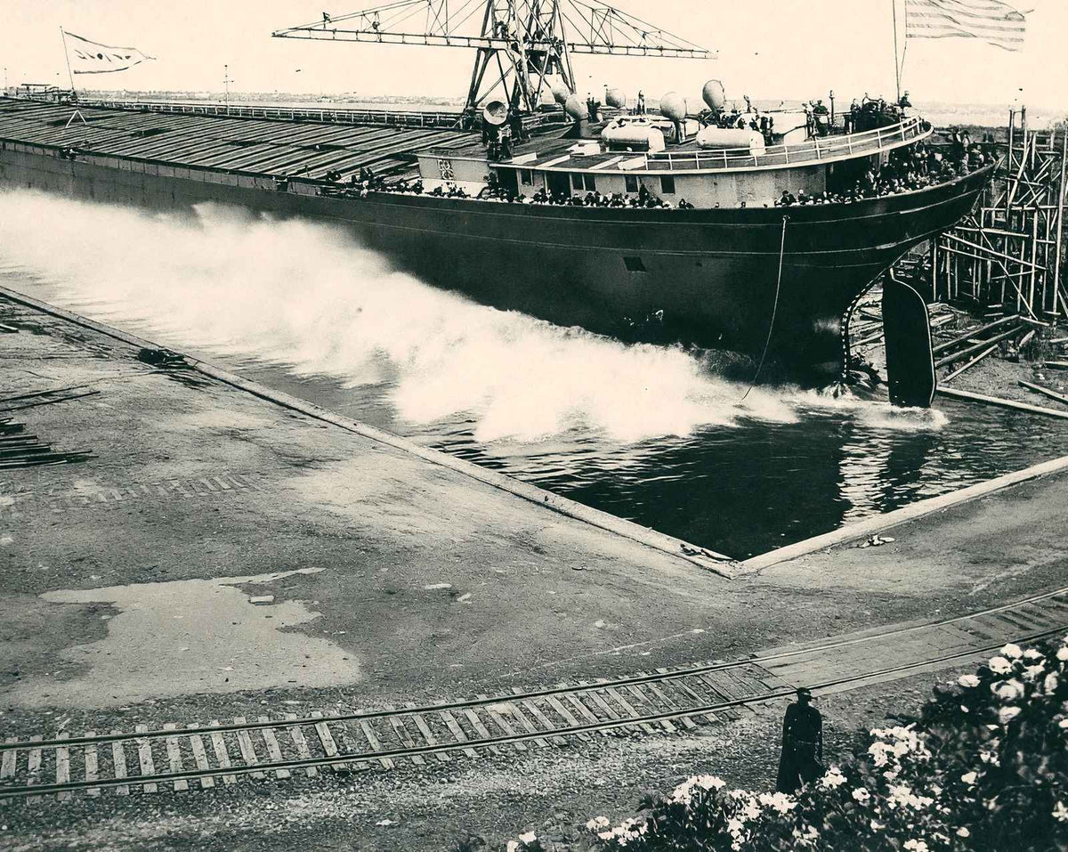 Freighter Launch at Superior WI Ship Yards vintage print