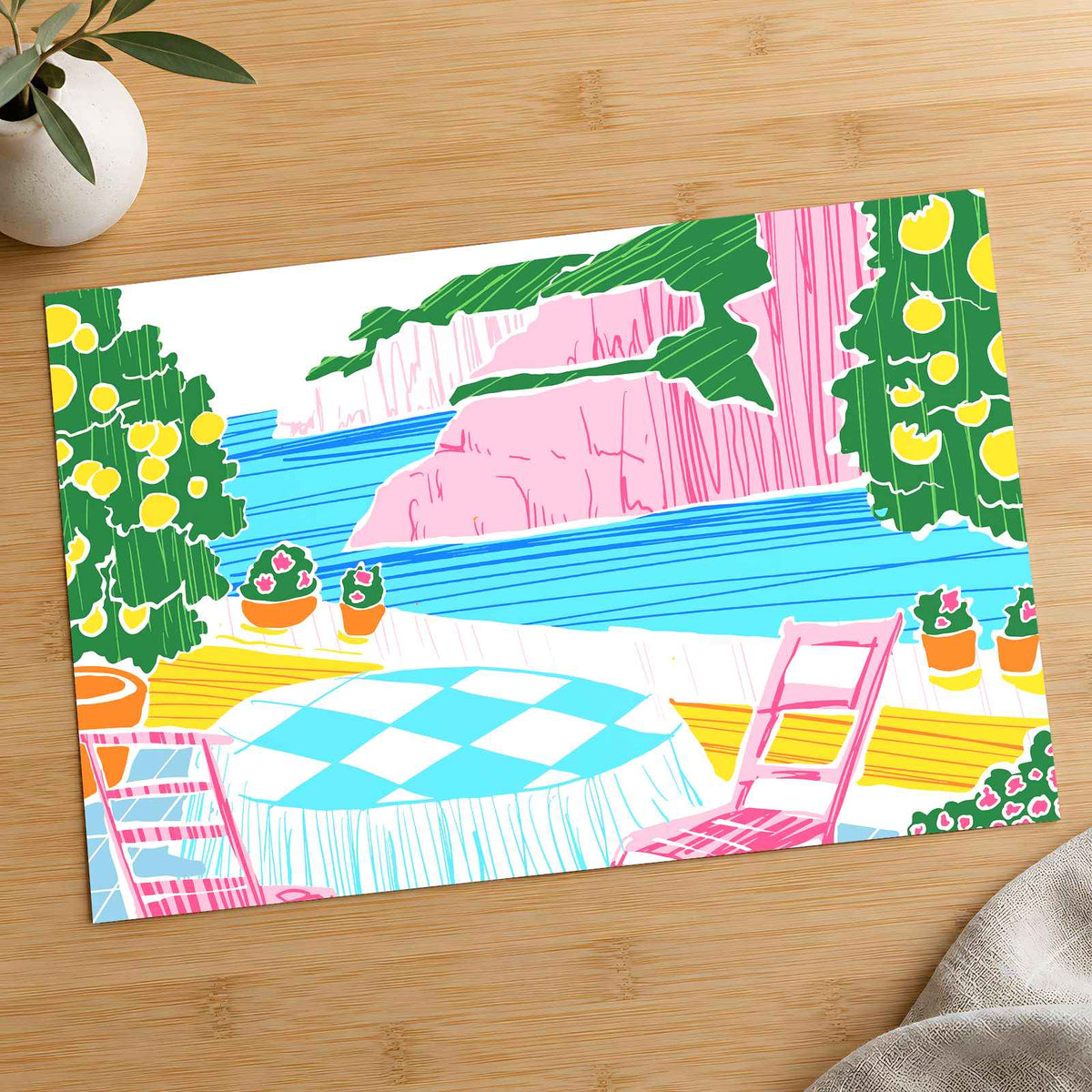 Patio Overlooking Ocean with Pink Cliffs by Ardian Pranomo Art Print Wall Decor