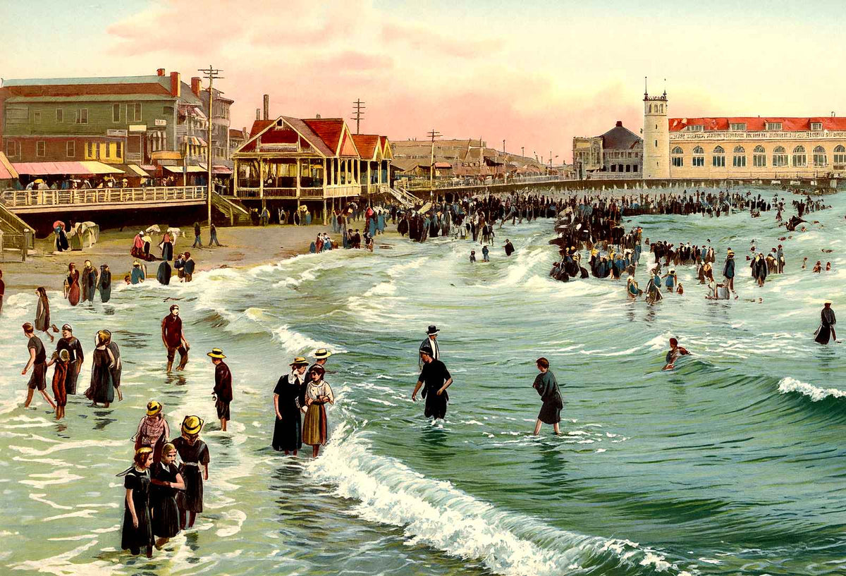 Boardwalk and Beach, Atlantic City, NJ vintage print
