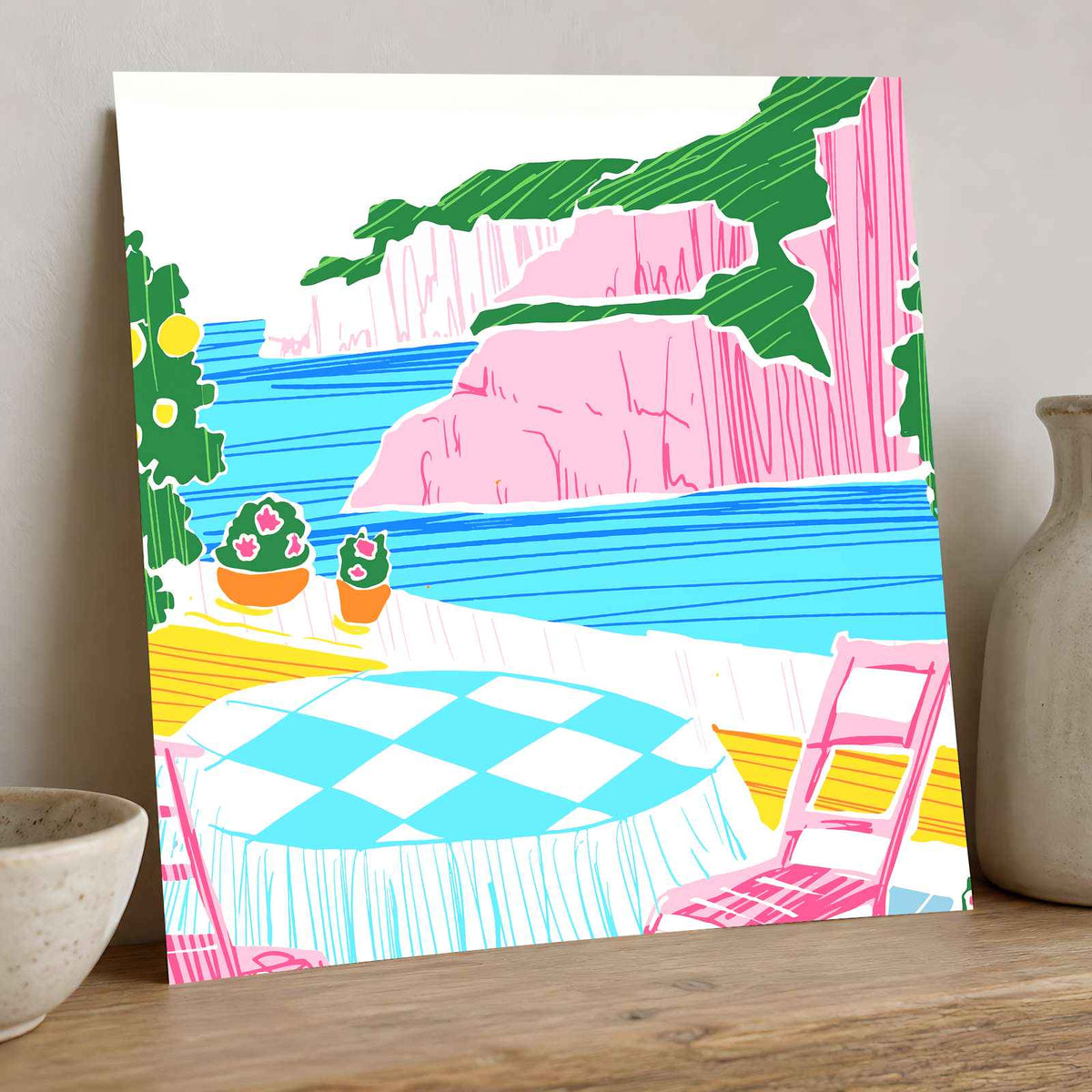 Patio Overlooking Ocean with Pink Cliffs by Ardian Pranomo Art Print Wall Decor