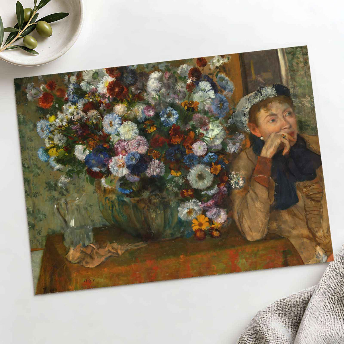 A Woman Seated Beside a Vase of Flowers fine art print by Edgar Degas (1865)