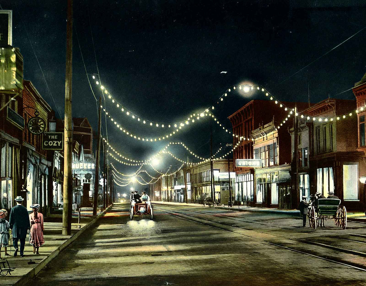 Eighth Street at Night, Sheboygan, WI in 1907 vintage print