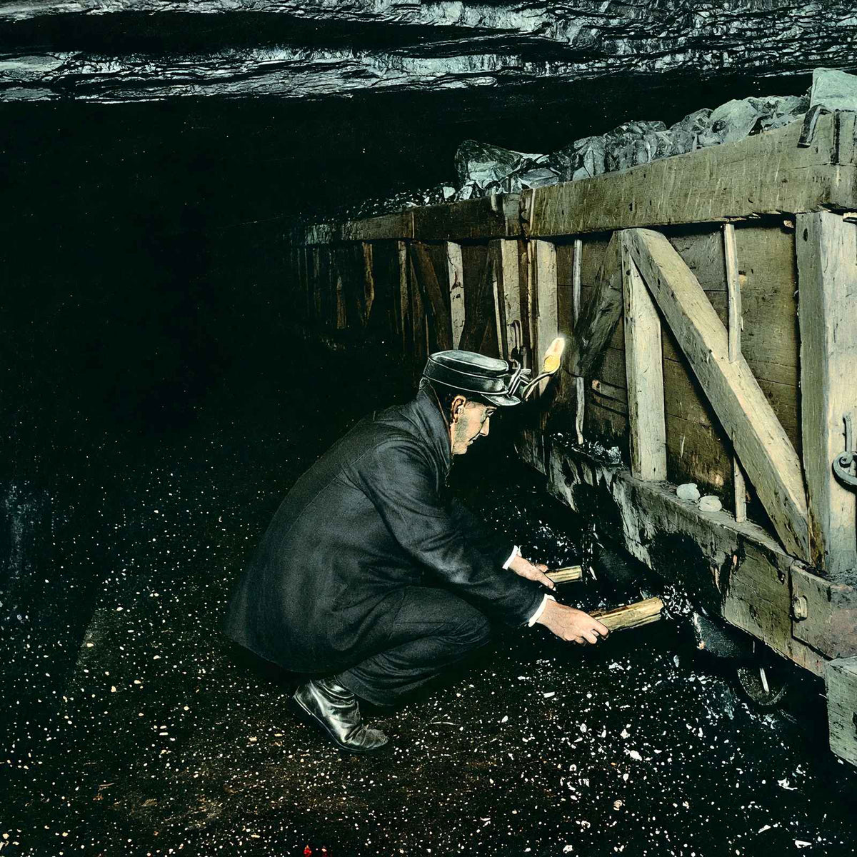 Coal Mining Spragging Cars in 1908 vintage print