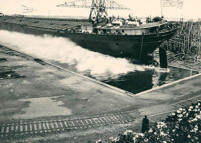 Freighter Launch at Superior WI Ship Yards vintage print