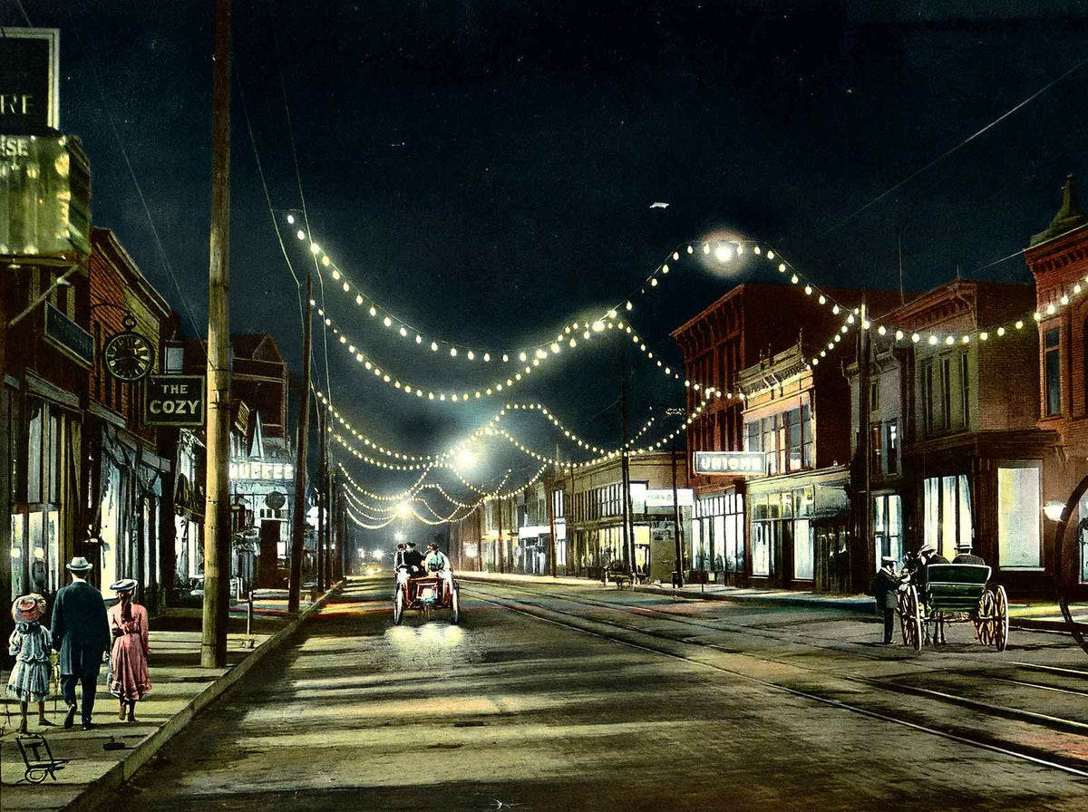 Eighth Street at Night, Sheboygan, WI in 1907 vintage print