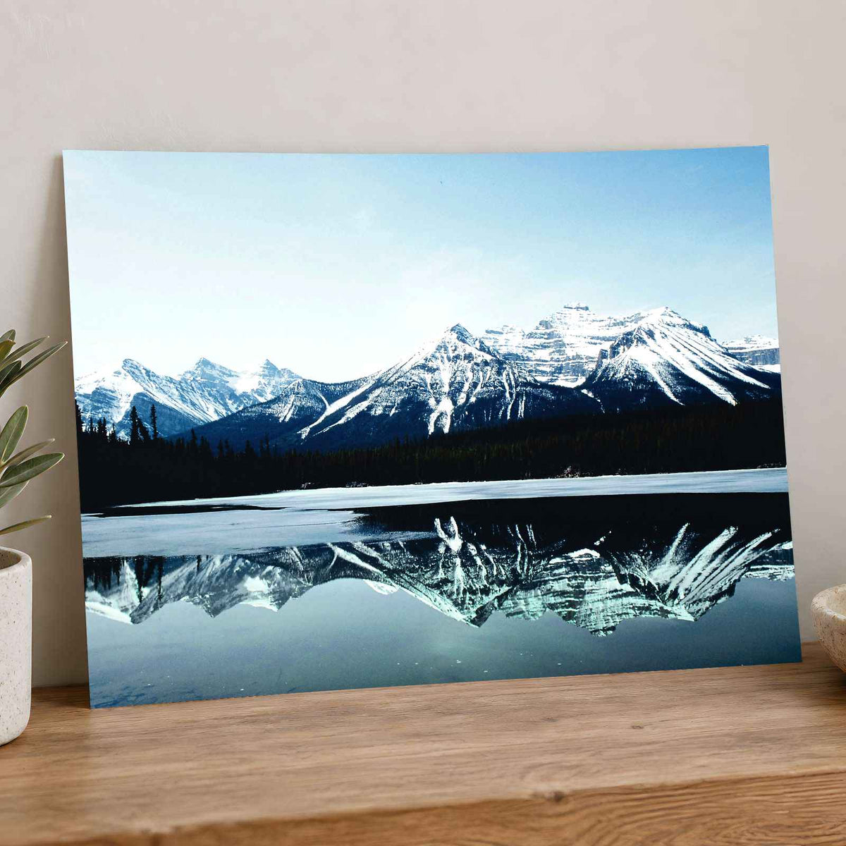 Snowy Mountain Range Reflected in Lake Photo Print Wall Decor