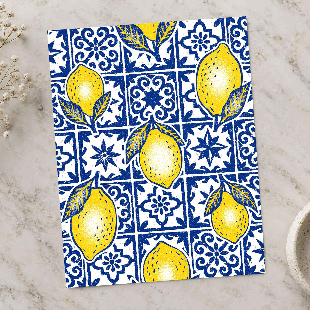 Pattern of Yellow Lemons Blue and White Tiles by Rino Luna Art Print Wall Decor
