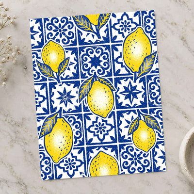 Pattern of Yellow Lemons Blue and White Tiles by Rino Luna Art Print Wall Decor