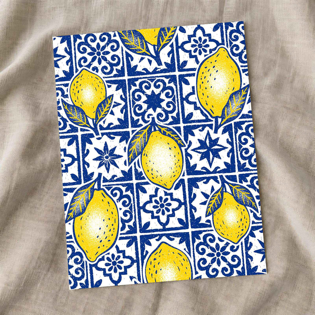 Pattern of Yellow Lemons Blue and White Tiles by Rino Luna Art Print Wall Decor