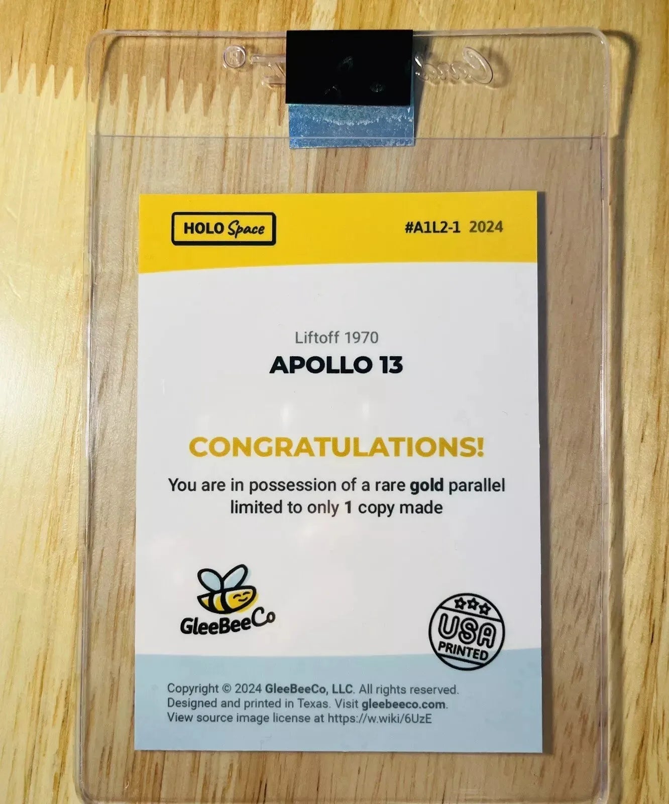 1/1 2024 GleeBeeCo APOLLO 13 Liftoff 1970 Holo GOLD Card #A1L2-1 One Exists!