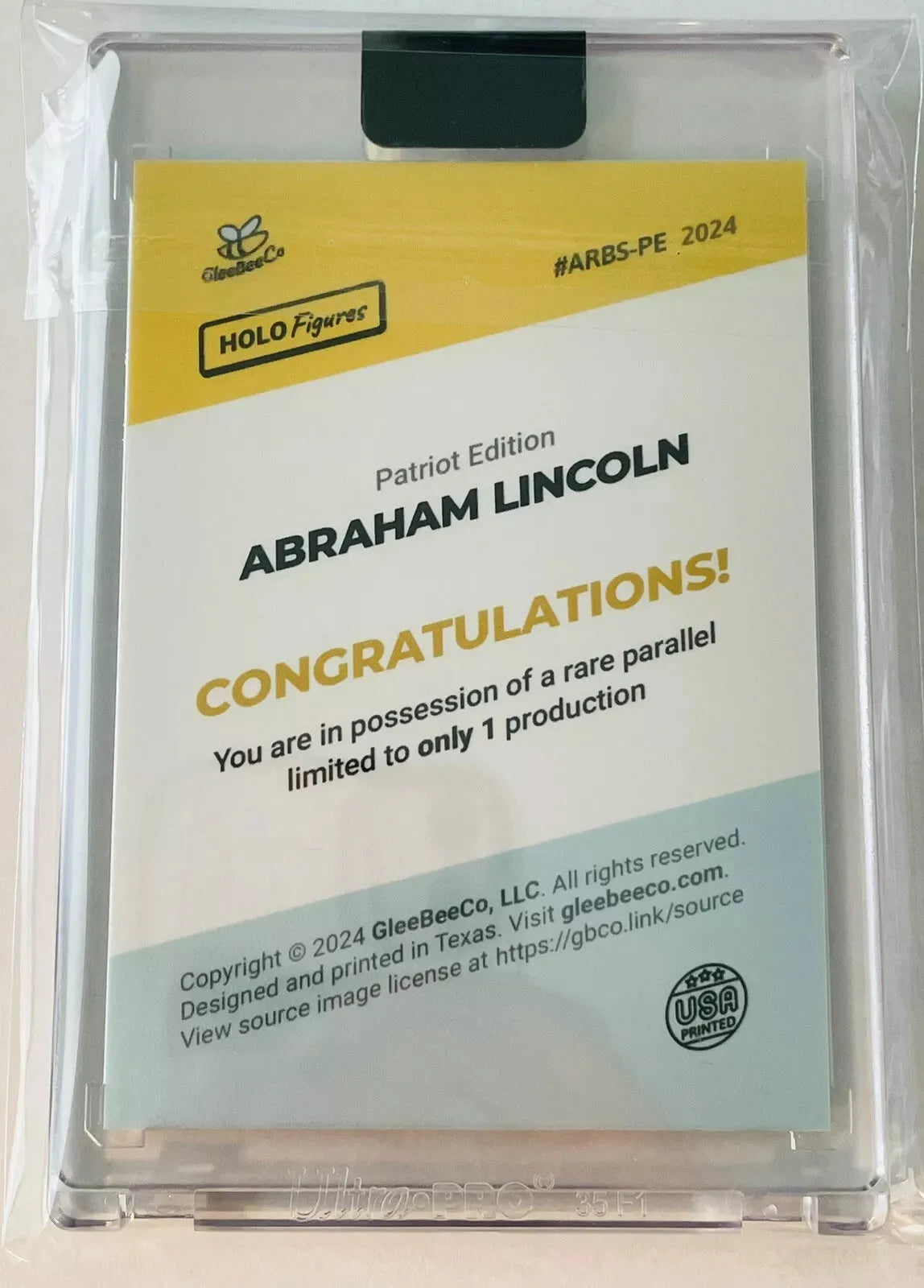 1/1 Abraham Lincoln PATRIOT EDITION Baseball Card - ONLY ONE MADE (GleeBeeCo)