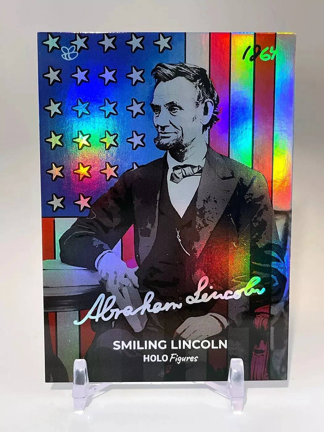 ABRAHAM LINCOLN Card "Smiling Lincoln" American Flag HOLOGRAPHIC GleeBeeCo #SLAF